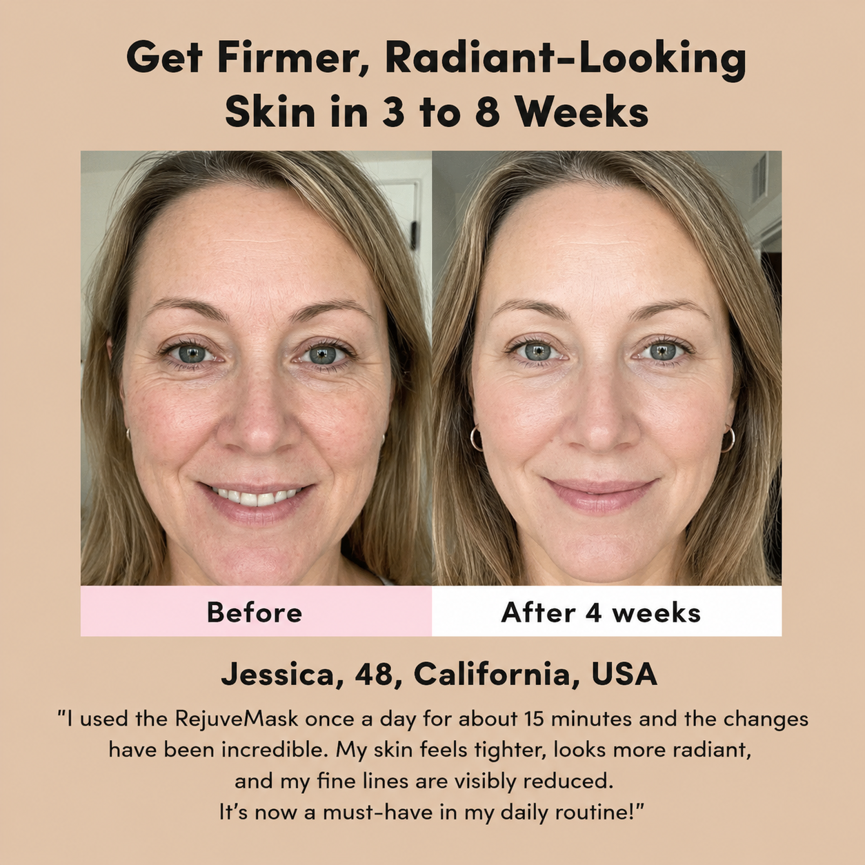 Before and after comparison of a woman's face with text about skin improvement and product usage.