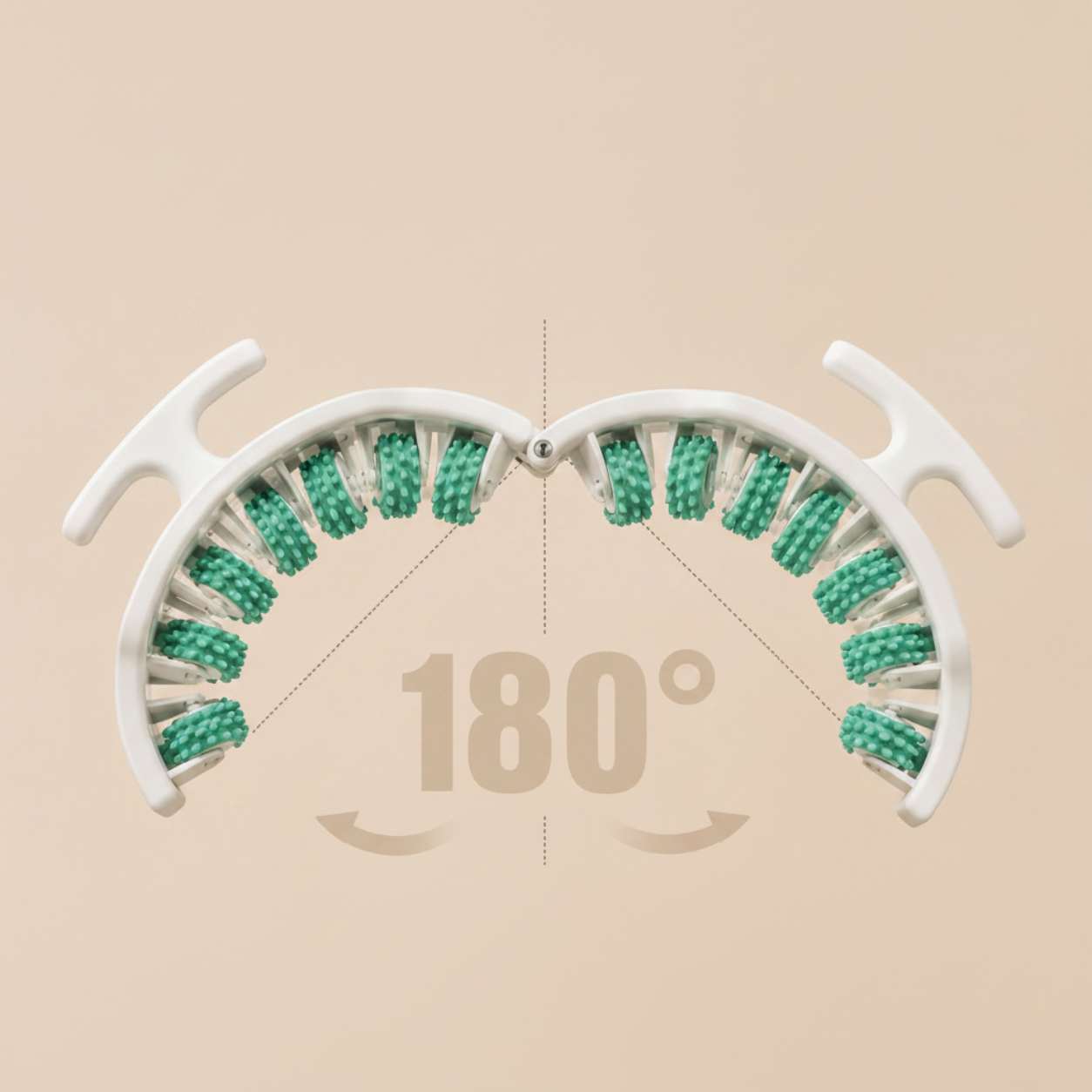 Massage roller with green base pairs and white arms on a beige background, featuring the number 180°.