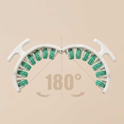 Massage roller with green base pairs and white arms on a beige background, featuring the number 180°.