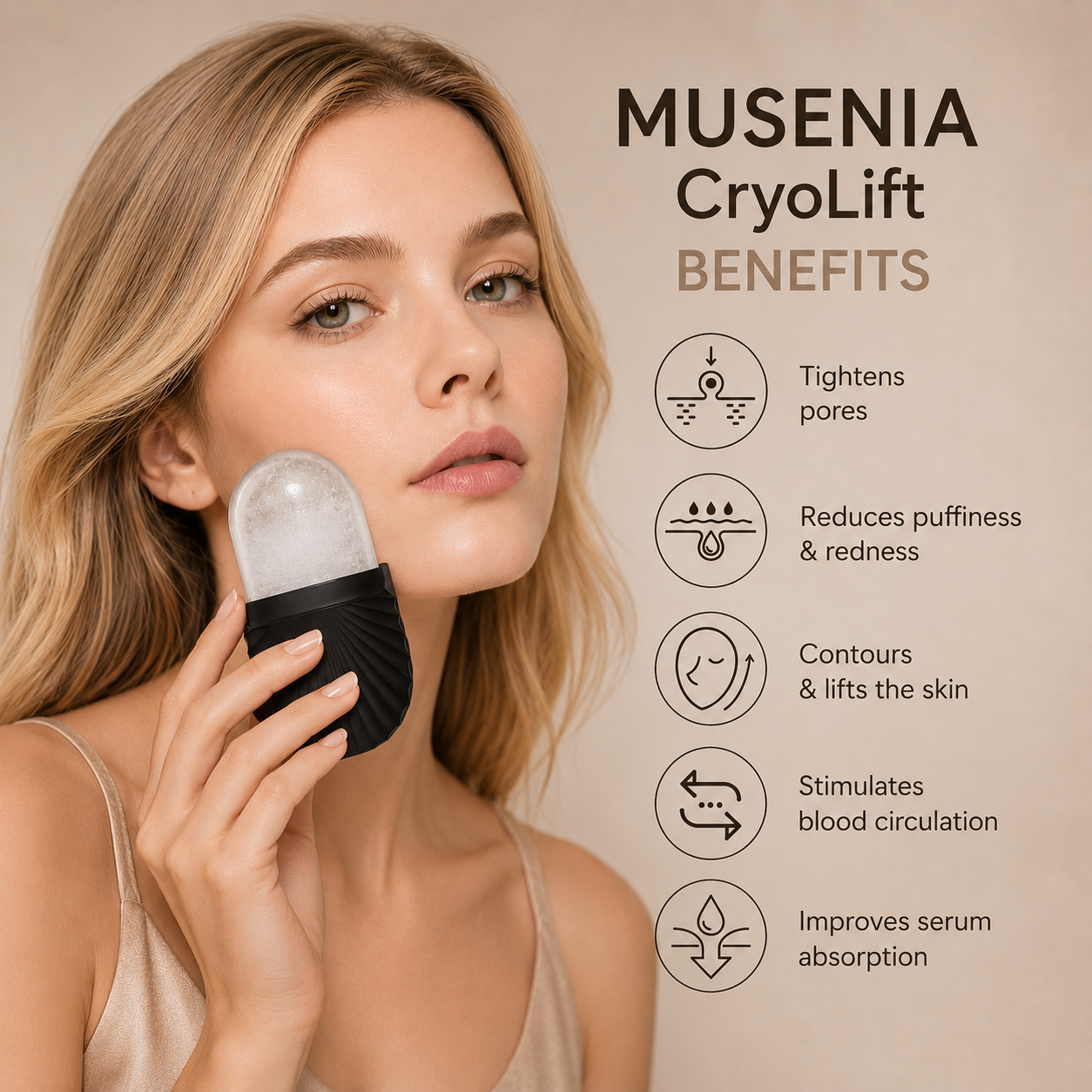 Woman using a MUSENIA CryoLift device with product benefits listed on a beige background