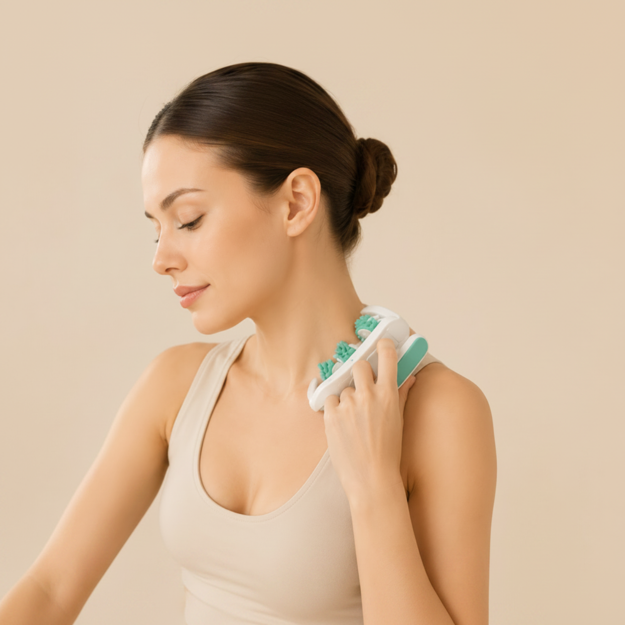 Woman using a handheld massager on her shoulder against a beige background