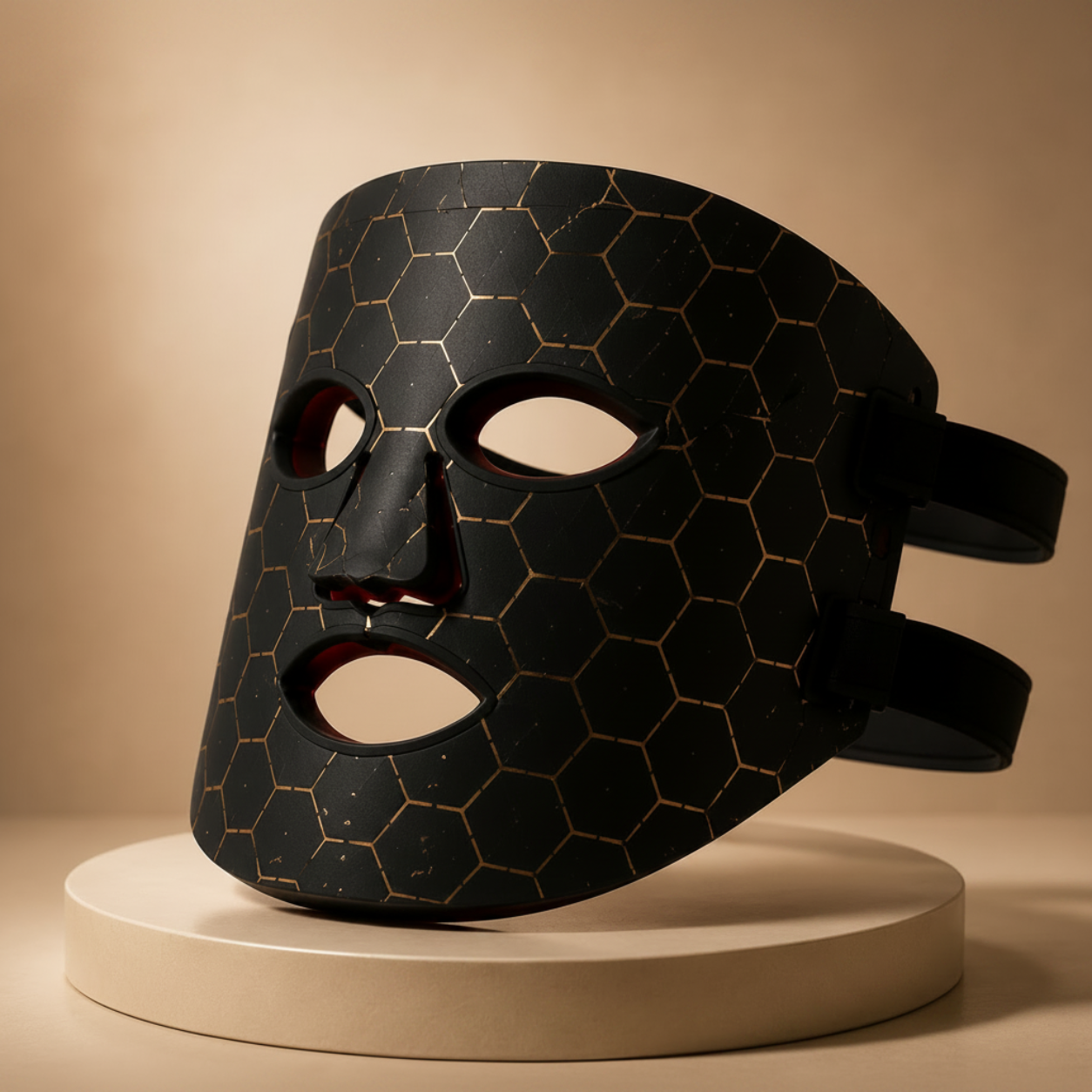 Black honeycomb-patterned LED mask on a beige pedestal against a beige background