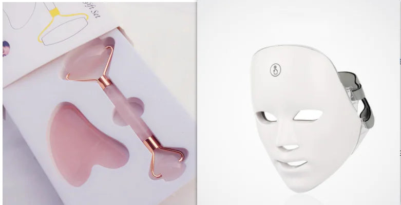 Collage of facial roller, pink tool, and white LED face mask on a white background