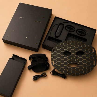 Black facial mask with packaging and accessories on a beige background