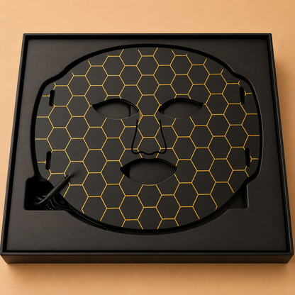 Facial mask with honeycomb pattern in a black box on a beige background