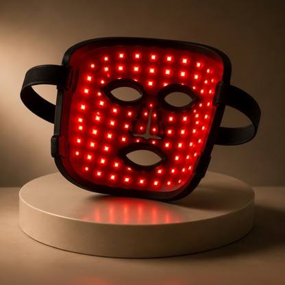 LED mask with red lights on a beige platform against a brown background