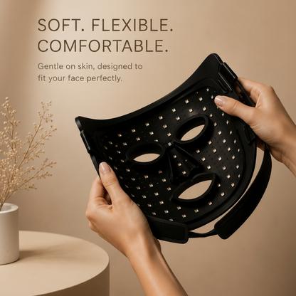 Black LED mask held by hands with text describing its softness, flexibility, and comfort on a beige background.