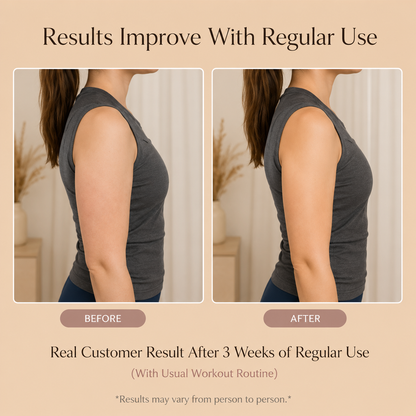 Before and after comparison of a person's shoulder area with text indicating results improve with regular use.